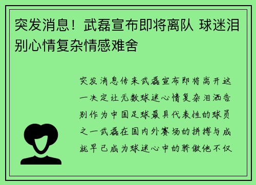 突发消息!武磊宣布即将离队 球迷泪别心情复杂情感难舍