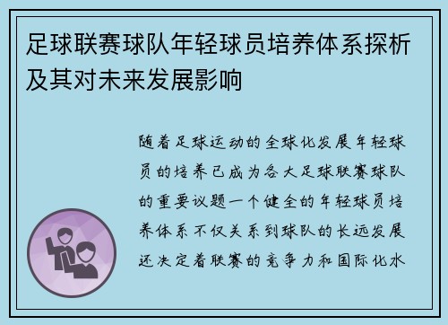 足球联赛球队年轻球员培养体系探析及其对未来发展影响