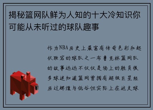 揭秘篮网队鲜为人知的十大冷知识你可能从未听过的球队趣事