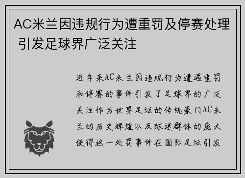 AC米兰因违规行为遭重罚及停赛处理 引发足球界广泛关注